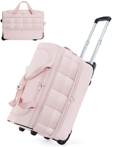 bagsmart 40L Trolley Reisetasche mit Rollen und Griff, IATA Sporttasche Weichgepäck Rolltasche groß weichschalenkoffer mit Schuhfach, Rosa
