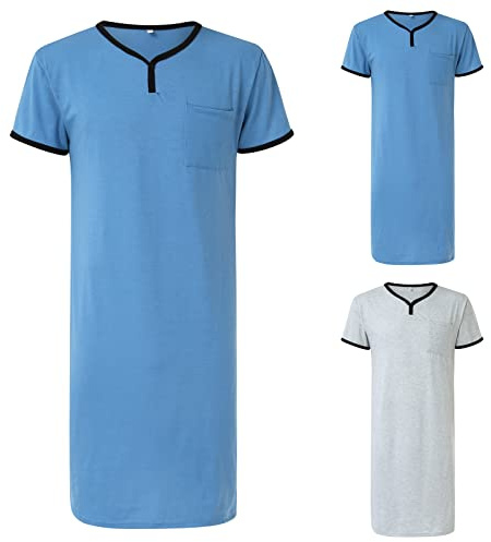 T-shirts extra longs pour homme - Manches courtes - Coton - Chemise de nuit fine - Vêtement de maison respirant - Couleur unie - Avec poche poitrine - Pyjama surdimensionné - Robe de nuit douillette