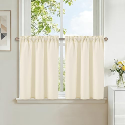 DWCN Korta gardiner, champagne, halvtransparenta fönstergardiner, kök, bistrogardin, H 60 x 60 cm, 2 stycken, linneutseende, fönstergardiner med stångstång för barnrum, skåpgardin, badrum, lantställe