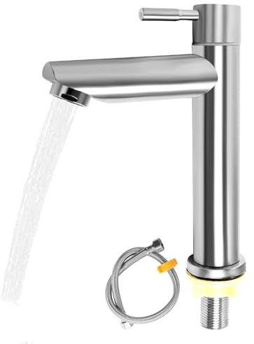 EUREKORA Kaltwasserhahn Gäste WC Waschbeckenarmatur Waschtischarmatur Edelstahl Gebürstet mit 60cm Anschlussschlauch für Gäste WC Badezimmer Handwaschbecken