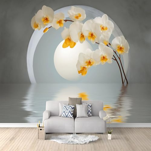 Panoramic Photo Wallpaper 59 x 41 inch (W x H), 3D Flowers Minimalism Orchids Custom Wall Wall Mural – Light Gray Eco-Friendly Photo Wallpaper for Bedroom Decoration