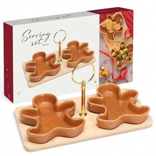 MIJOMA Servierset Weihnachten 3-teilig – 2 Lebkuchen-Schalen aus Keramik auf Holztablett mit goldenem Griff – Festliches Snack- & Deko-Set im Weihnachtsdesign