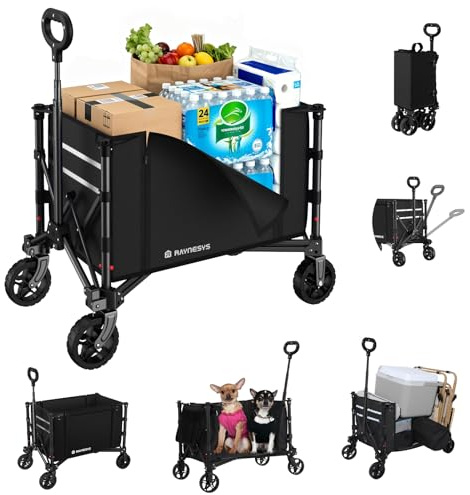 Vagón Plegable 3 en 1 Convertible en Banco, 120L Carro Plegable con Ruedas, 220LBS Carrito de Compra para Comestibles Carro Transporte para Playa, Camping, Jardín, Carretillas, Deporte, Negro Oscuro