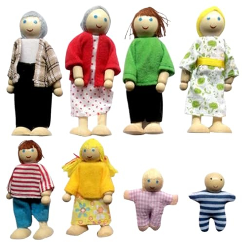 Casa delle bambole Persone Set completo di casa delle bambole per famiglie in legno con arti mobili Gioco di ruolo familiare per una calda decorazione interna di 8 giocattoli e giochi.