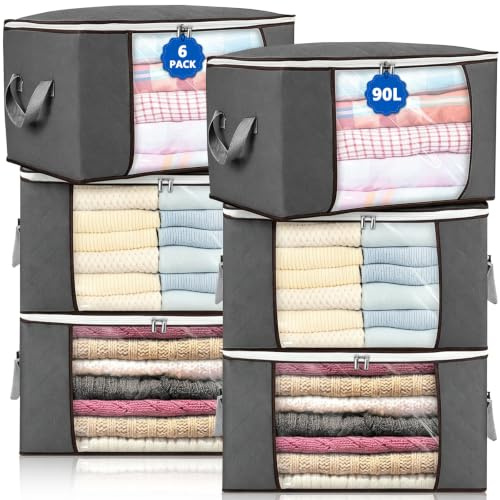 MZJAUVF 6Piezas Cajas Almacenaje Ropa, 90L Almacenaje Bajo La Cama, Bolsa de Almacenamiento para Ropa Plegable, Bolsa de Almacenamiento de Ropa con Mango para Guardar Ropa, Edredones, Mantas (Gris)