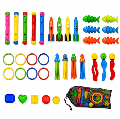 35 PCS Diving Pool Toys Sinkers for Kids Ages 3+, Underwater Swimming Pool Toys Set with Storage Bag, Includes Dive Sticks, 8 Diving Rings, Torpedo Bandits, Treasure Toys, Fish and Octopus for Pool Ga