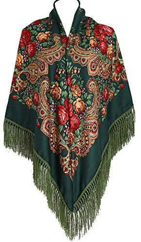 Gudessly Damenschal, übergroß, traditioneller Retro-Schal, Wickeltuch, mit Quasten/Fransen, Blumen-Poncho, bedruckt, 157,5 x 157,5 cm, Dunkelgrün, 62 * 62inch