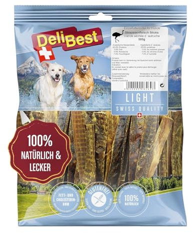 DeliBest Light Straussen Sticks I Straussensehnen für Hunde I Hundeleckerli getreidefrei kalt geformt - schmackhafter Hunde Snack aus frischem Fleisch I 500g