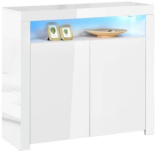 HOMCOM LED Storage Cabinet, Cupboard with High Gloss Front and RGB Lighting, Modern Sideboard for Entryway, Dining Area, Living Room, White