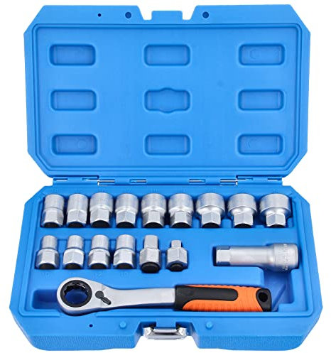 GEPCO Durchgangs Steckschlüssel Satz 10-24 mm & Umschaltknarre 19 mm 3/8 1/2 17-tlg.