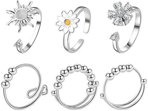 JewelryWe Anillos de ansiedad para mujer, 4/6/7 unidades, anillos abiertos, anillos ajustables para aliviar el estrés con el mal de ojo, girasol, juego de anillos de cuentas, Circonita cúbica