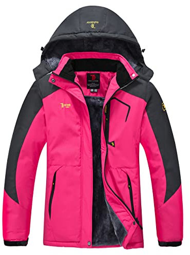YSENTO Damen Winterjacke Wasserdicht Skijacke Outdoor Softshelljacke Warm Fleecejacke Funktionsjacke mit Abnehmbarer Kapuze(Rose,L)
