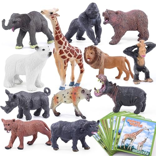SIENON 12 action figure di animali da safari con schede flash, realistici animali dello zoo selvatico, animali della giungla in plastica con elefante, leone, giraffa, orso, gorilla, apprendimento