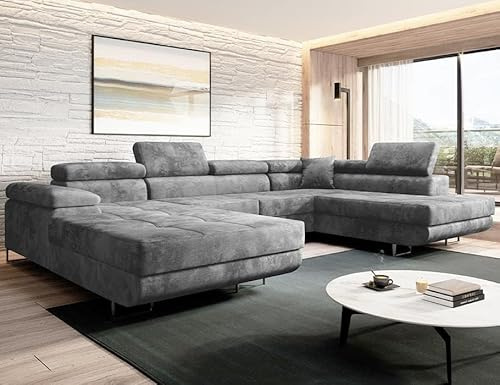 Sofa mit Schlaffunktion und Bettkasten - Wohnlandschaft U-Form - VARBERG - Bequem Schlafsofa - Big Sofa - Modern Couch 72x345x205 cm - Rechts Grau - MODERNO