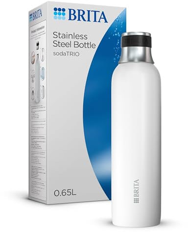 BRITA Edelstahlflasche weiß für sodaTRIO Wassersprudler (0,65l) – isolierte & doppelwandige Premium Edelstahl Flasche mit stylischem Silikonring am Verschluss für rutschfestes Handling