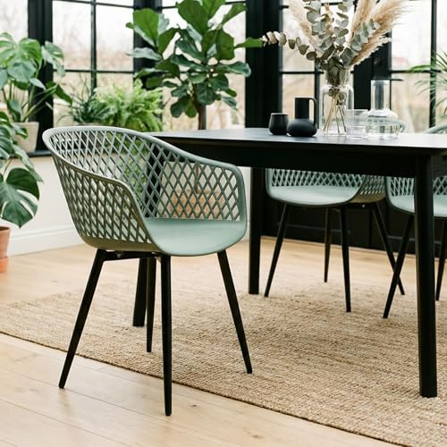 IDIMEX Lot de 4 chaises de Salle à Manger ou Cuisine Madeira Design Retro avec accoudoirs, Coque en Plastique Vert de Gris et 4 Pieds en métal Noir