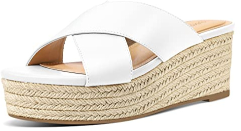 PIZZ ANNU Sandalias Mujer Verano Plataforma Cuña Esparto Zapatos de Tacón Chanclas Alpargatas Clásicos de Punta Redonda Blanco EU 40