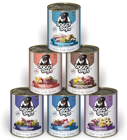DOGGY Dog Paté Mix 1, 6 x 800 g, Nassfutter für Hunde im Probierpaket, getreidefreies Hundefutter mit Lachsöl und Grünlippmuschel, Alleinfuttermittel mit hohem Fleischanteil, Made in Germany