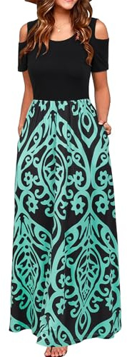 STYLEWORD Maxi Vestido de Verano con Hombros Descubiertos para Mujer Manga Corta Estampado Floral Elegante Vestido Maxi con Bolsillos(floralZ26-298,XL)