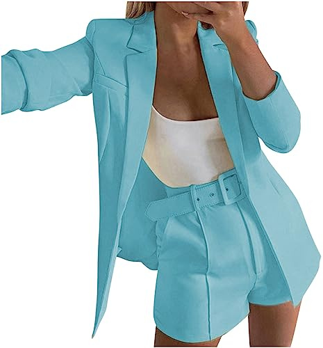 Summer Blazer Suit For Women Business Formal Outfit Dressy 3 Piece Jacket Belt Shorts Set Office Suits Womens Loungewear Casual Ladies Trouser Suits Vocation Lounge Wear Sets