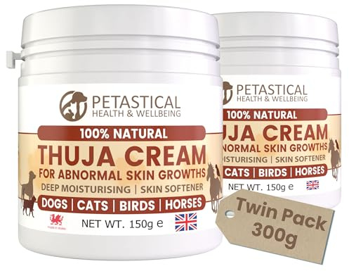 Petastical Thuja Cream for Dogs, Cats, Horse, Birds - Cooling Skin Care, Deep Moisturising, Traditionally used for Abnormal Skin Growth, Warts, Sarcoids - All Natural - 300g - Made in UK