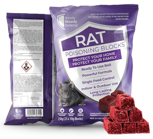 Rat Bait Blocks 250g (25 x 10g Blocks) - Ready to Use Bait, Powerful Formula with Brodifacoum for Long-Lasting Protection, Indoor & Outdoor Use, Single Feed Control, Ideal for Home and Garden