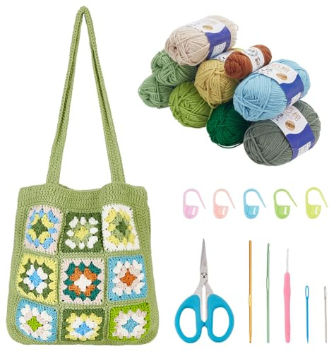 ORIGACH Kit de Ganchillo para Adultos, Juego de Hombro Cuadrada Verde para Principiantes, Accesorios Completos para Hacer Bolsa con Instrucciones y Video