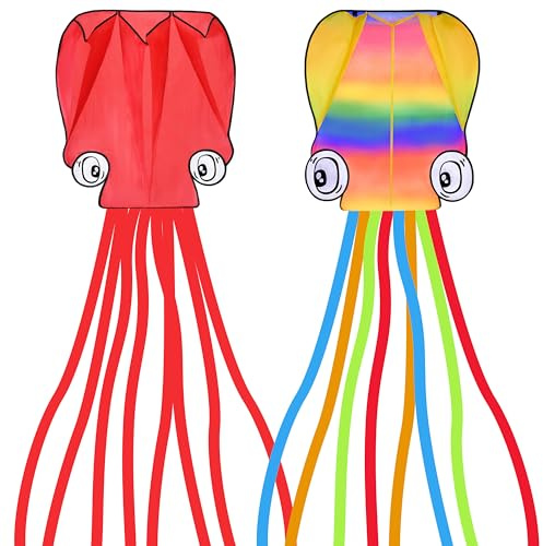 SYNCFUN 2 Packs Huge Rainbow and Red Soft Octopus Kite for Kids and Audlts Large Kite with Long Tail 328ft Line, Giant Beach Kites for Outdoor Fun and Activities