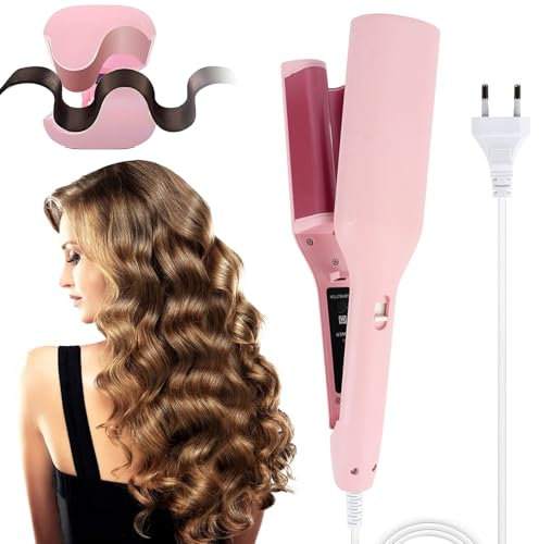 Piastra Beach Waves KQWVZ, 32mm Onde Larghe 4 Temperature, Riscaldamento Rapido per Capelli Lunghi (Rosa)