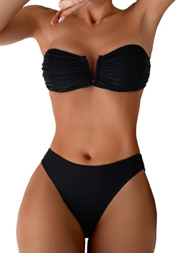 SHENHE Women's Strapless Bikini Swimsuits 2 Piece Ruched V Wire Bandeau Bikini Sets Bathing Suits Black Small