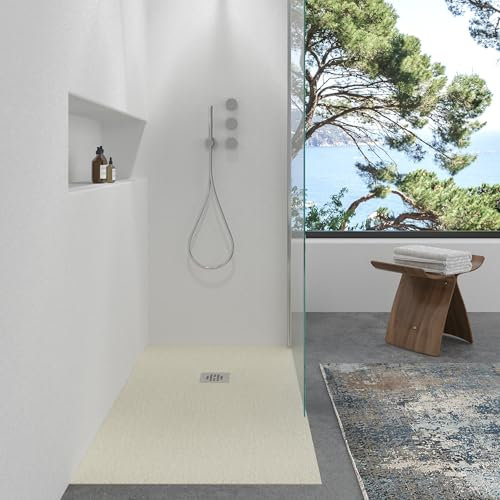 VAROBATH | Plato de Ducha Nolita – Material Resina con Carga Mineral y Textura Pizarra Antideslizante C3 – Incluye Válvula Desagüe y Rejilla (Crema RAL-1013, 70x70)