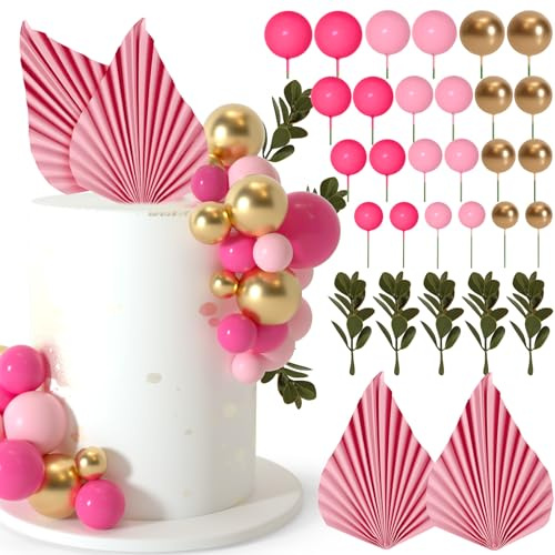 NEBURORA Juego de 64 bolas para decoración de tartas y hojas, miniglobos para decoración de tartas, bolas, decoración de tartas para baby shower, decoración de tartas de cumpleaños (Oro rosa)