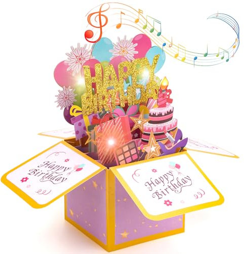 MOWETOO Happy Birthday Geburtstagskarte mit Musik, LED-Lichtern und ausblasbaren Kerzen – 3D Pop-Up Geschenkbox und Geburtstagsgeschenk für Frauen, Männer, Kinder & Erwachsene