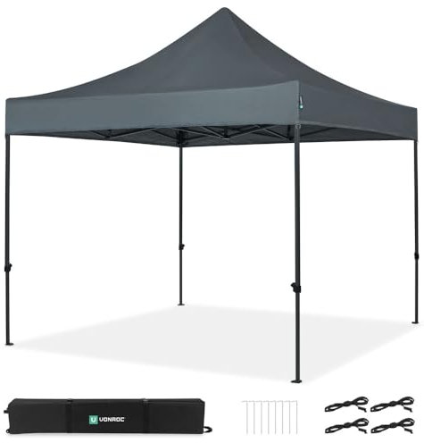 VONROC Tente Easy-Up - 3x3 m – Pliante - Design Modulaire : Auvent, Tonelle, Chapiteau, Marchés Saisons – Pliable – Imperméable – Cadre en Acier - Protection UV 50+ - Gris - Sac de Rangement Inclus