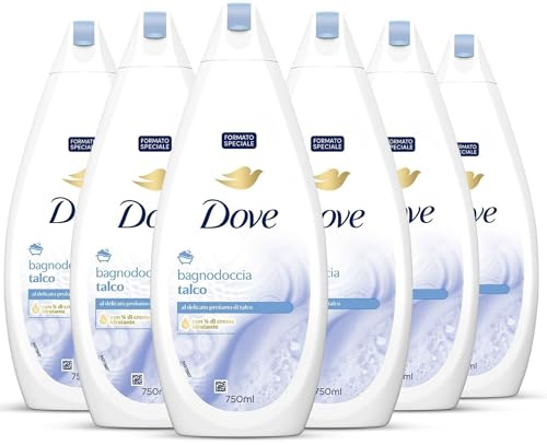 Dove Docciaschiuma Talco, Formula con Idratante Dermo-Naturale, con 1/4 di Crema Idratante, Dermatologicamente Testato, Bagnoschiuma Uomo e Donna, 100% Bottiglia Riciclata* 6 Pezzi x 750 ml