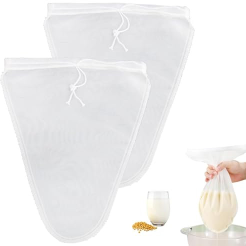 2 Stück Nussmilchbeutel, Nussmilchbeutel Bio Waschbar Nut Milk Bag Feingewebt Wiederverwendbar Passiertuch Filtertuch Nylon mit Kordelzug für Käse Vegane Nussmilch Mandelmilch Kaffee Gemüsesaft
