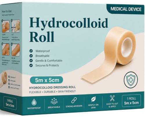 Hydrocolloid Roll 5cm x 5m - Cut-to-Size Tape for Blisters, Spots & Pimples | Hydrocolloid tape for blister plasters, pimple patches, heel protection and minor wound dressing - flexible, breathable