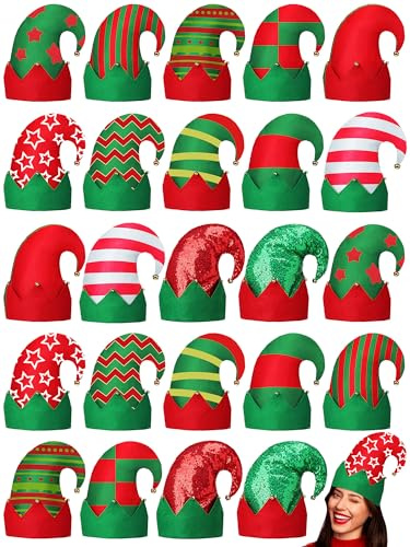 Croknit 24 Pcs Christmas Elf Hat Xmas Elf Felt Hats Bulk Funny Hats with Bells Party Santa Cap for Christmas Party Teens Adults (Classic 3)
