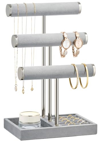 Jewelry Organizer Stand Display, 3 Tier Velvet Bracelet Holder, Grey