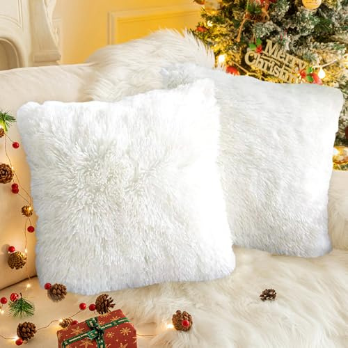 Lot de 2 Housse de Coussin Fourrure Moelleux, Double Face Doux en Peluche Coussins Carré Décoratif, Housse de Coussin Décorative Douce pour Salon Canapé Chambre Voiture, 40x40 CM, Blanc