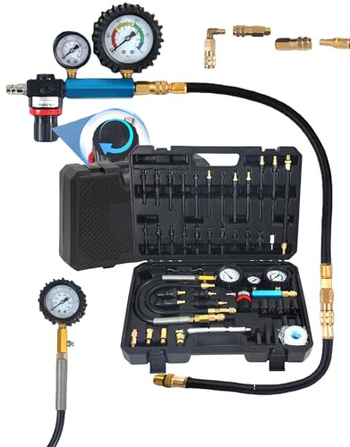 46 Pièces Kit de Testeur de Compression Automobile avec Manomètre à Double Cadran Diesel & Essence Compressiometre Test d'étanchéité cylindres Test Perte Pression pour HDi, TDCi, Pompe Injection (PD)
