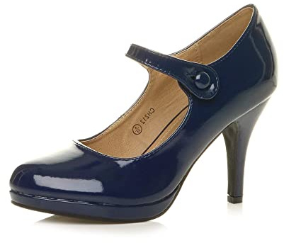 Ajvani Womens Ladies mid high Heel Mary Jane Strap Evening Court Shoes Pumps, 8 UK, Navy Patent