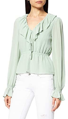 NA-KD Frill V-Neck Chiffon Blouse, Vert Clair, 36 Femme