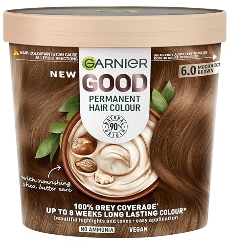 Garnier GOOD Permanent Hair Dye with No Amonia and Shea Butter formula, 100% grey coverage & 8 weeks long lasting colour for all hair types, 6.0 Mochaccino Brown