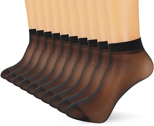 COMNICO 10 Pairs Short Silk Stockings Sheer Black Fashion Crystal Silk Nylon Lace Ultra Thin Trendy Pantyhose Stockings Ankle High Transparent Mesh Socks for Women Girls
