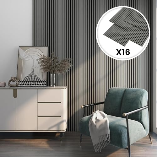 NEU.HOLZ Set di 16 Pannelli Fonoassorbenti Decorativi Isolamento Acustico per Parete e Soffitto Pannelli in Feltro Acustico PET con Listelli in MDF - Rovere Grigio chiaro