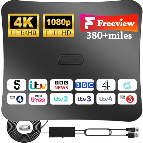 TV Aerial - Indoor TV Aerial 380 Miles Range Reception with Amplifier Signal Booster, Freeview TV Antenna Support 4K 1080P HDTV & 16.4ft Coax Cable