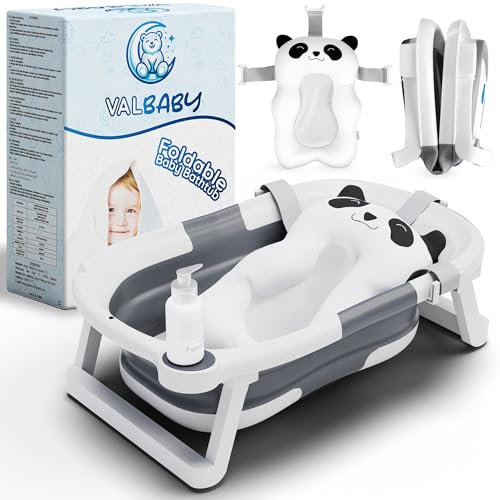 Baby Badewanne Faltbar mit Panda Kissen - Faltbare Babybadewanne Antirutsch Ergonomisch Babywanne Neugeborene Bis 3 Jahre - Tragbare Baby Wanne Leicht Zu Reinigen - Baby Bath Tub | VALBABY