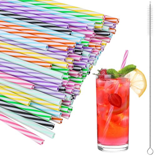 Strohhalme Plastik, 100 Stück Wiederverwendbare Strohhalme mit Strohhalmbürste, Cocktail Strohhalme, Trinkhalme Plastik, Harte Strohhalme für Milchtee, Smoothies, Säfte, Getränke, Cocktails