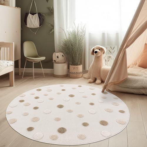 Paco Home Alfombra para habitación Infantil Efecto 3D Alfombra Resistente Tonos Naturales Diseño de los Puntos Crema, tamaño:Ø 120 cm Redon
